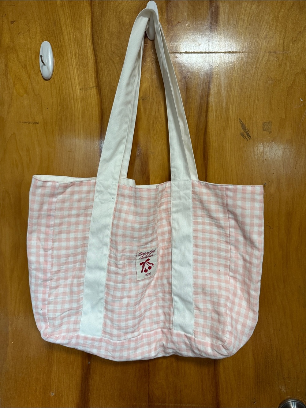 Pink Gingham Canvas Tote Bag with White Straps